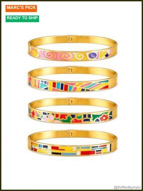 18K Gold Plated Stainless Steel Enamel Bangle Bracelet Set Stackable Floral